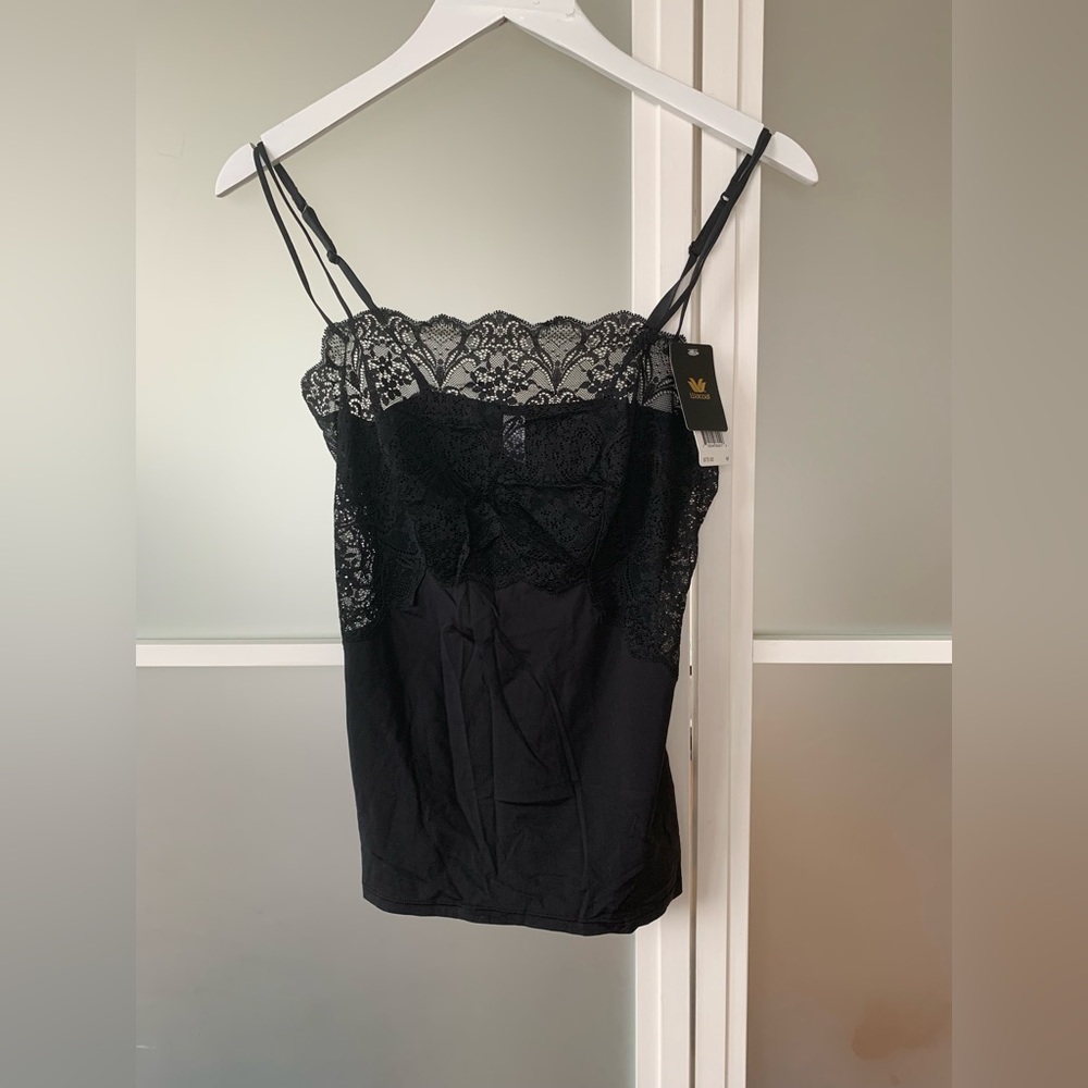 Wacoal black stretch camisole with black lace trim. Size M. NWT